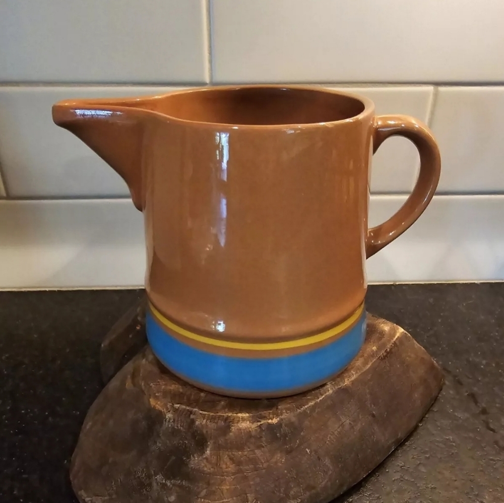 Vintage strangl pottery morning blue red stoneware pitcher